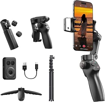 CM8 Gimbal Stabilizer for iPhone Android with AI Tracker and 6.3ft Adjustable Long Tripod Stand and Wireless Microphone