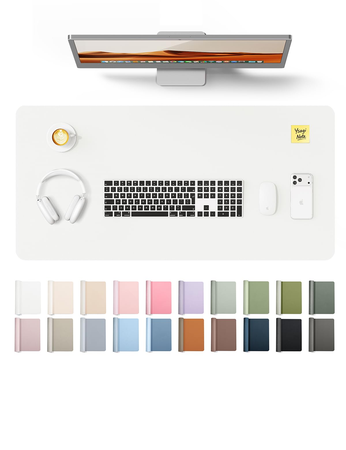 YSAGi Leather Desk Protector, Office Mat, Large Mouse Mat, Non-Slip PU Leather Blotter, Laptop Desk, Waterproof Writing Pad for Office and Home (White, 31.5" x 15.8")