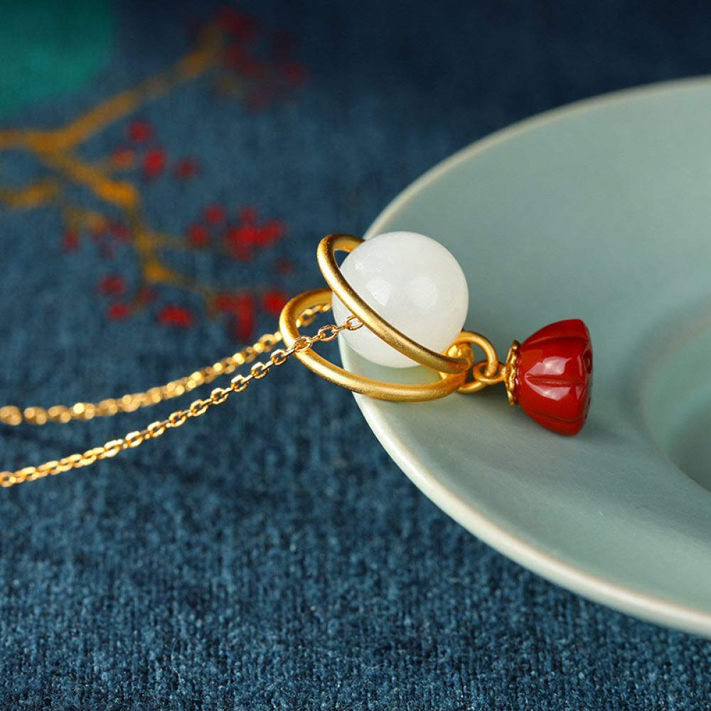 La Plata Esterlina 925 Mujeres del Collar Retro Bañado En Oro Rojo Ágata Lotus Moda Estilo Chino Simple Encanto Hombres Dar Novia Regalo