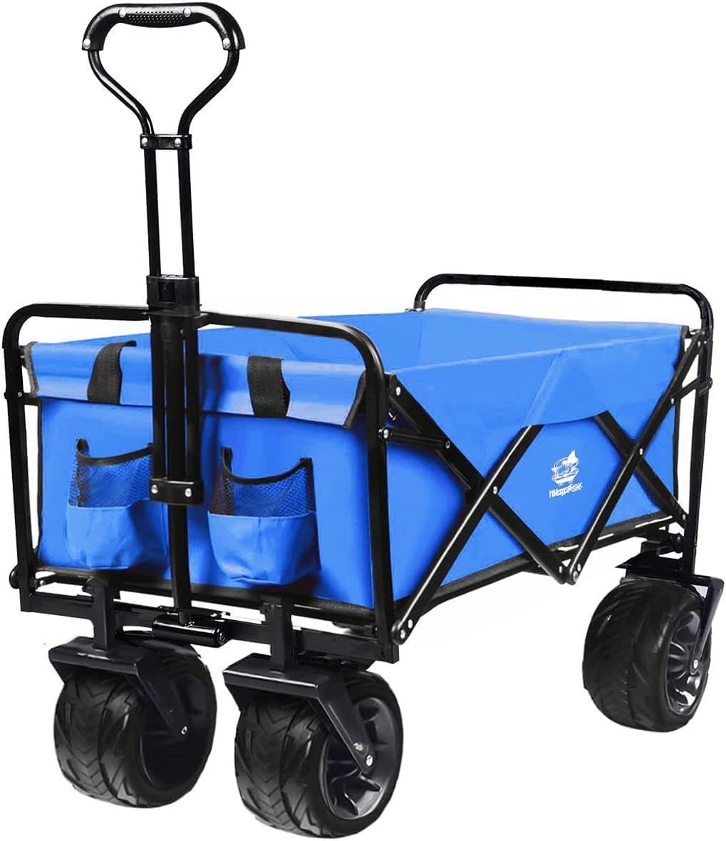 Collapsible Wagon Cart Heavy Duty Foldable Beach Wagon with Big Wheels for Sand All-Terrain Utility Beach Cart for Sand, Outdoor Sports, Garden Camping (Black) (Blue)