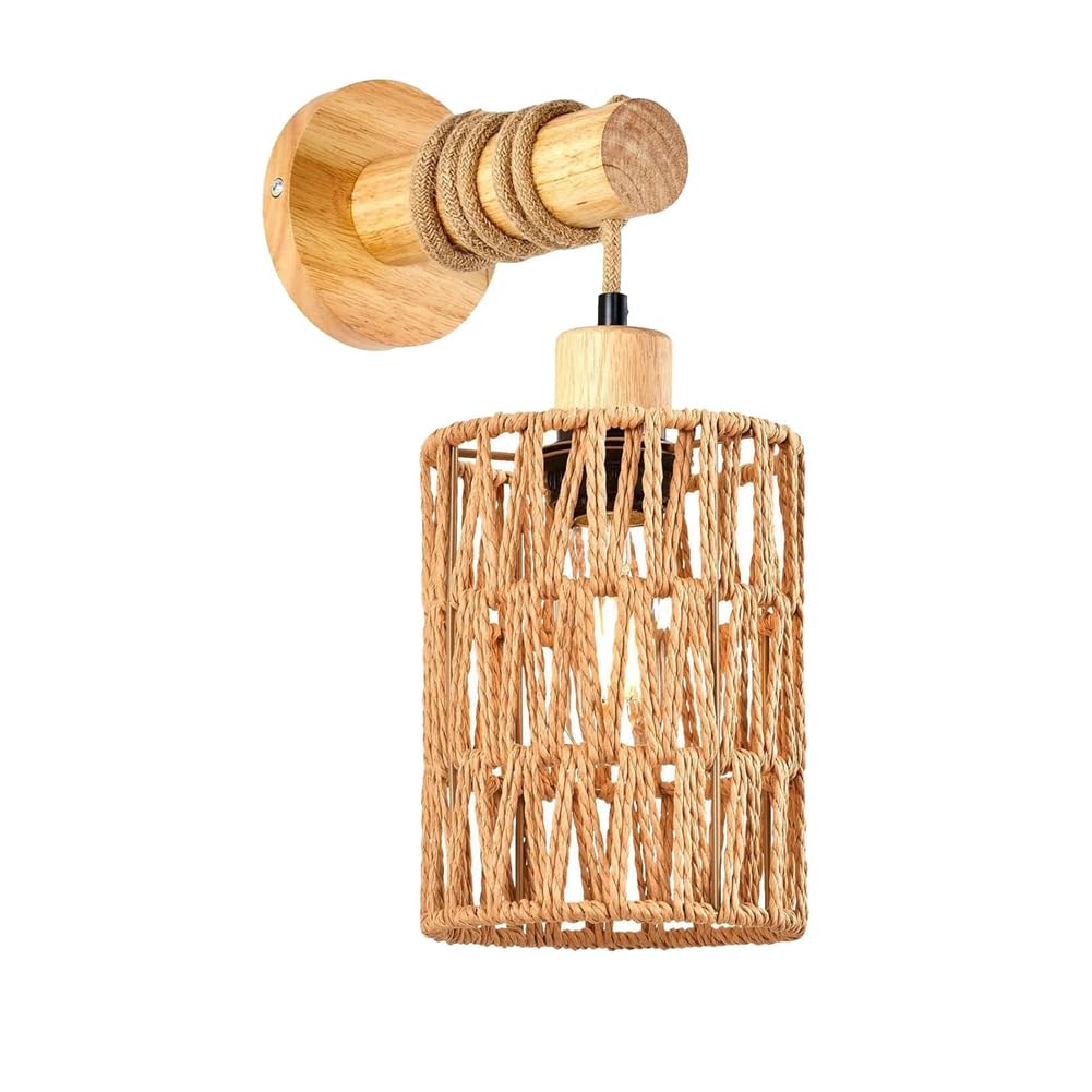 qimoi Farmhouse Style Rattan Rope Bedhead Cylindrical Wall Lamp for Countryside Bedroom Decor, B
