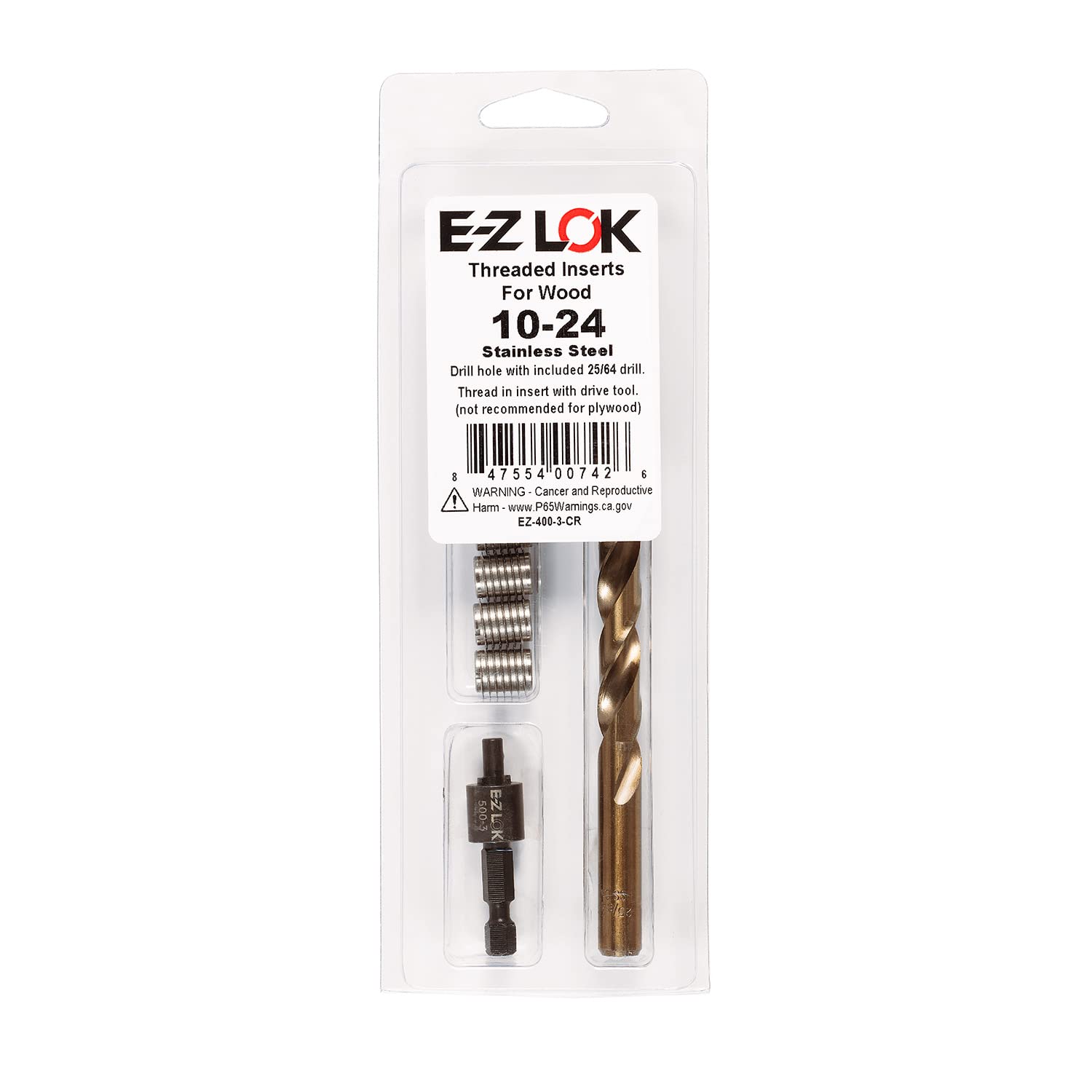 E-Z LOK 400-3-CR Threaded Inserts for Wood, Installation Kit, Stainless Steel, Includes 10-24 Knife Thread Inserts (6), Drill, Installation Tool