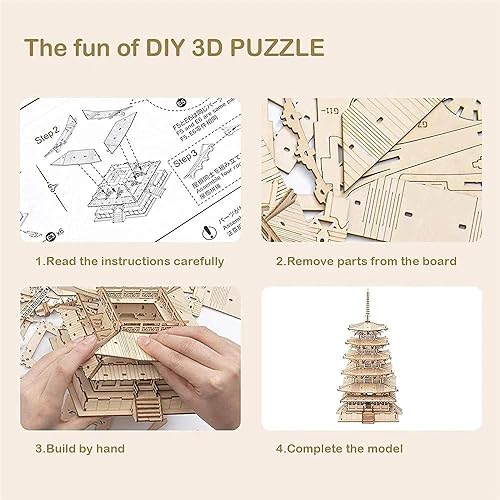 Miniatura 4 de Rolife Kit de construcción de templos de madera 3D, 275 piezas, pagoda japonesa de cinco pisos de 13 pulgadas, kits de manualidades para