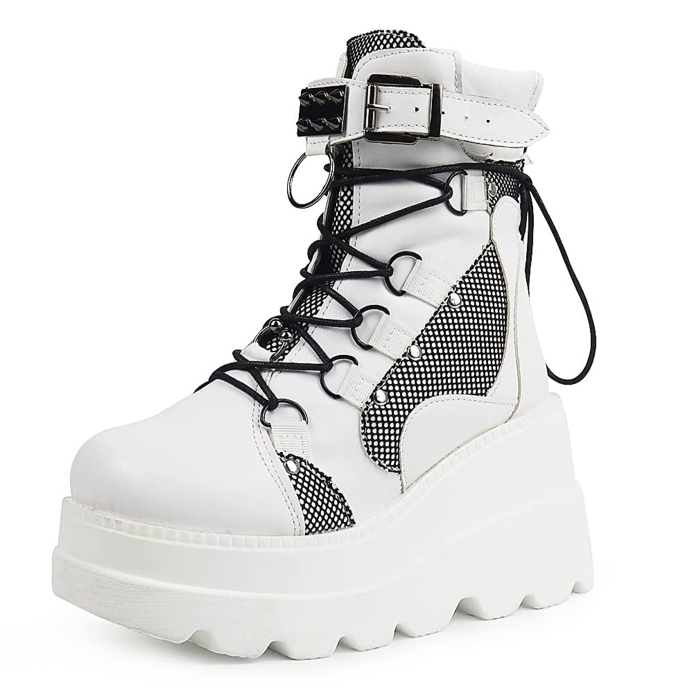 ZBYY Women's Combat Ankle Boots Zipper Lace Up Chunky Military Platform Shoes Wedge Heel Studded Goth Mid Calf Combat Booties