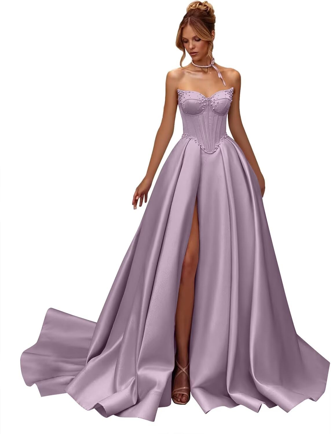 yinyyinhs Strapless Prom Dresses for Women 2026 Long Satin A-line Formal Dress with Slit Beaded Corset Evening Party