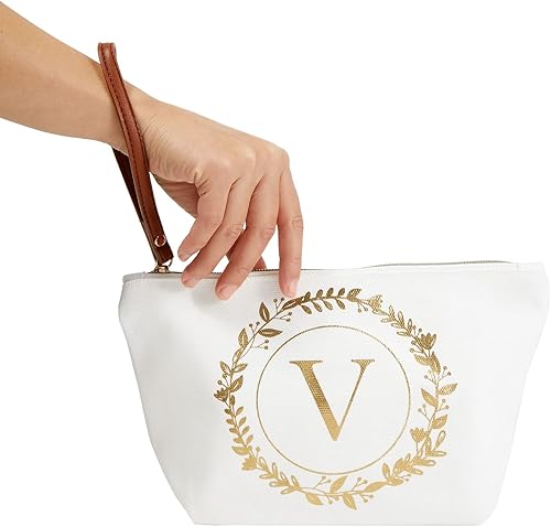 Miniatura 3 de Bolsa de maquillaje personalizada con inicial dorada para mujer, bolsa de cosméticos de lona con monograma, color blanco, Blanco, Dorado, V