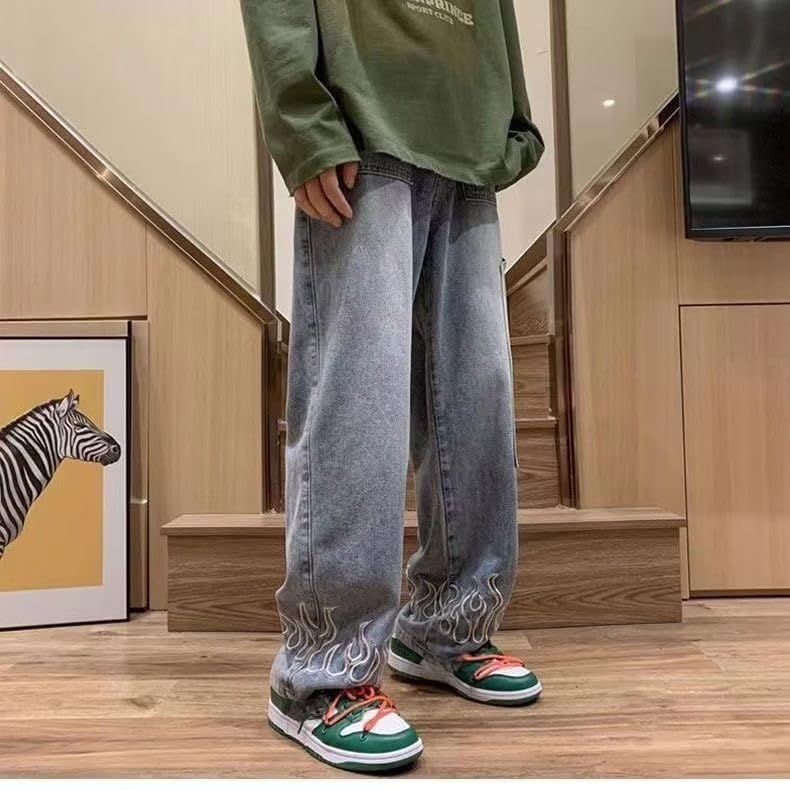 Men's Y2K Flame Pattern Wide Leg Jeans Casual Hip Hop Aesthetic Denim Pants Baggy Straight Leg Relaxed Fit Trousers (Blue,M)2