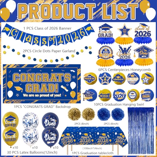 Image of Graduation Decorations 2026 Blue and Gold Class of 2026 Banner Congrats Grad Backdrop Paper Pompoms Hanging Swirls and Balloons for 2026 Graduations Party Decorations Supplies