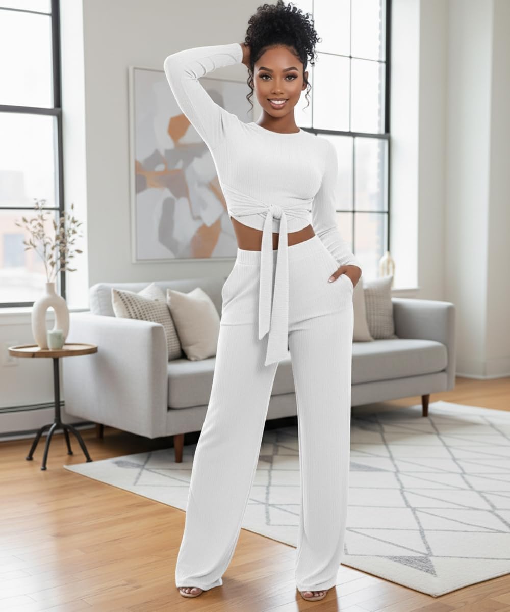 Two Piece Sets For Women Sexy Tie Front Long Sleeve Crop Top Wide Leg Pants Set Casual Tracksuit Ribbed 2 Piece Outfits - Image 4