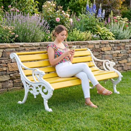 Image of BRISHI 3 Seater Cast Iron FRP Garden Bench for Indoor & Outdoor Park /Patio /Living Room /Terrace /Balcony (Yellow+ White)