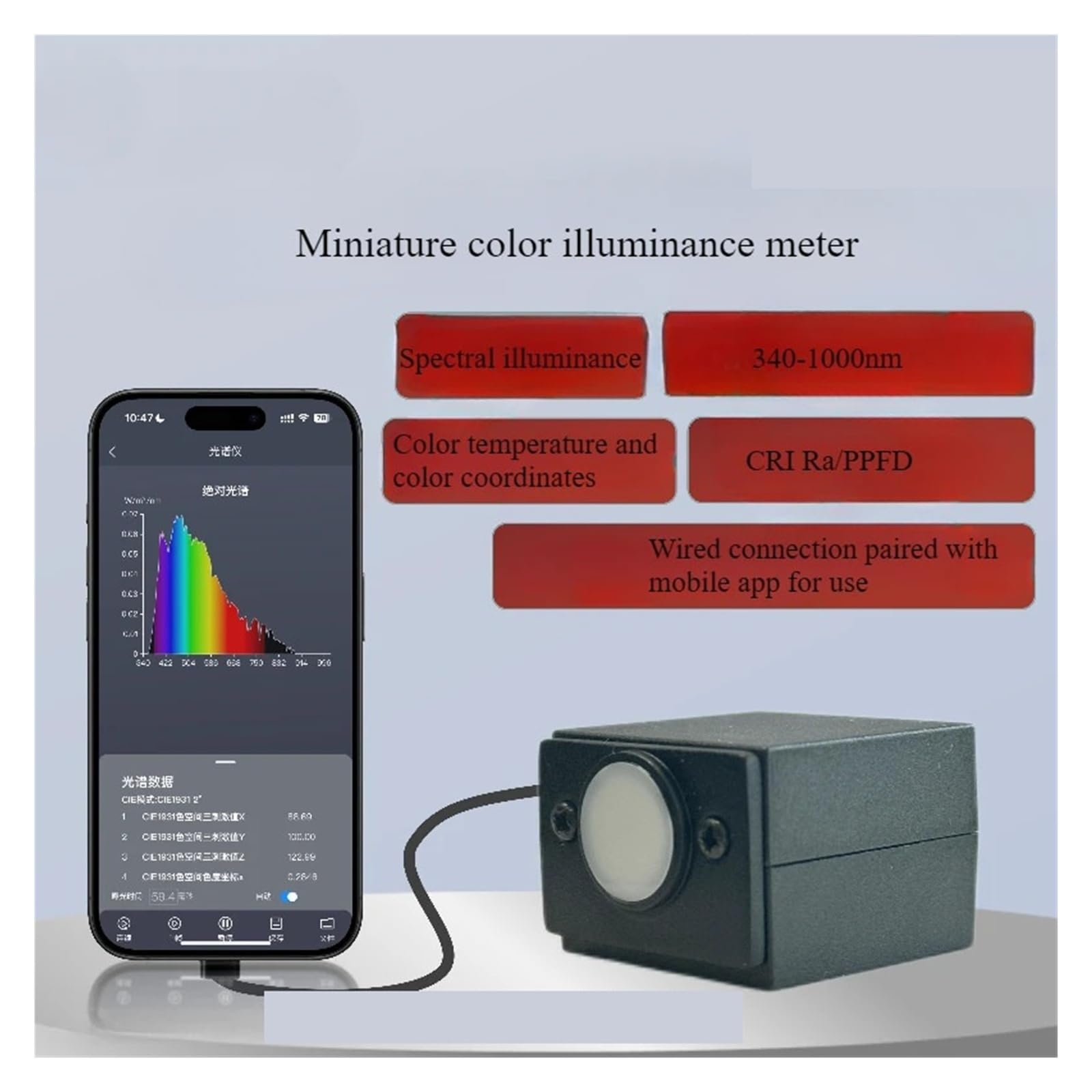 Spectromètre PPFD portable IP53 340-1000 nm, équipement d'analyse de spectre LED de laboratoire for la température de couleur et l'éclairement Pour usage industriel
