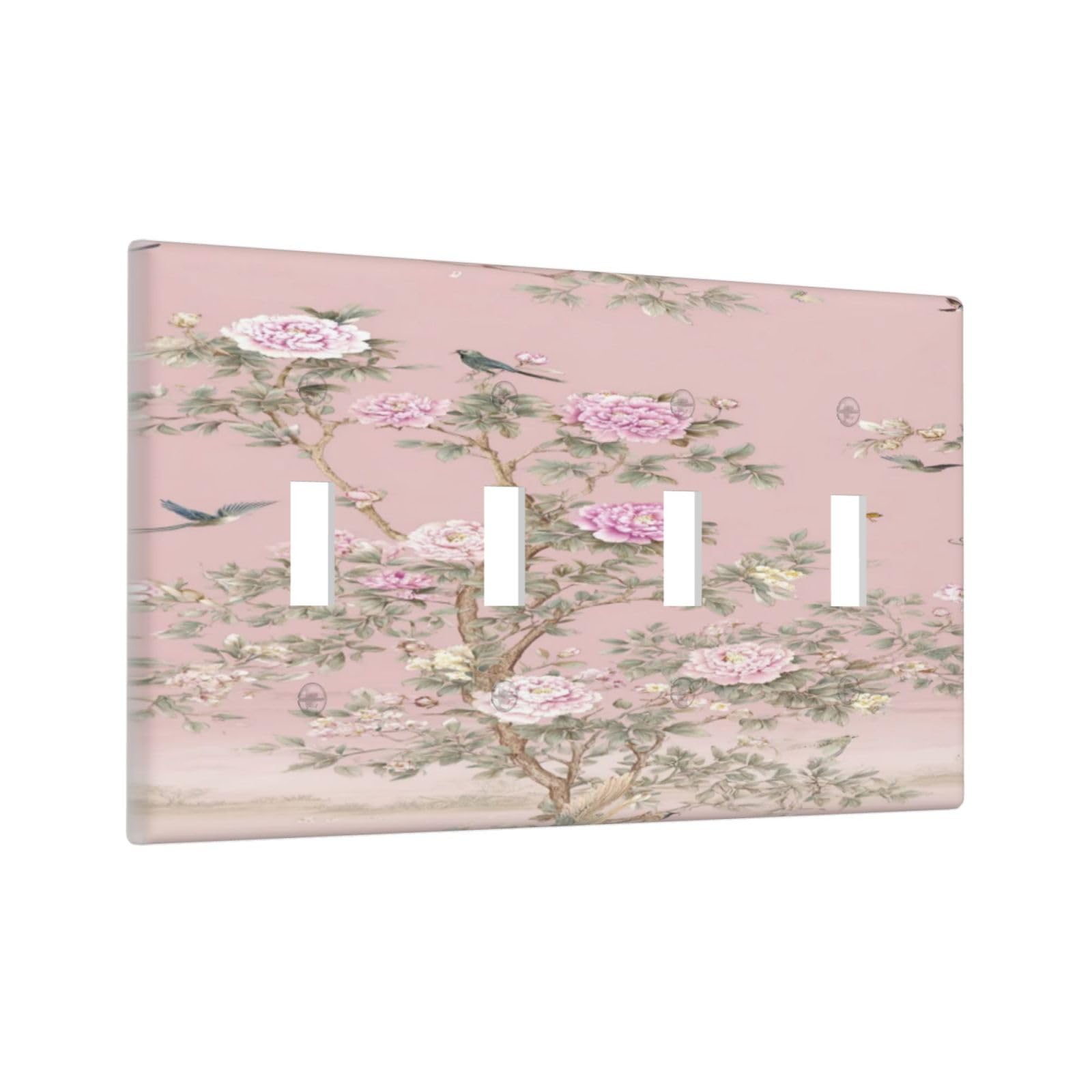 Xuejiaku Decorative Light Switch Cover Plate Pink Peony Tree Bird Butterfly Vintage Botanical 4 Gang Wall Plates Quad Toggle Switch Plate Covers Outlet Covers Faceplate for Bedroom Home Decor