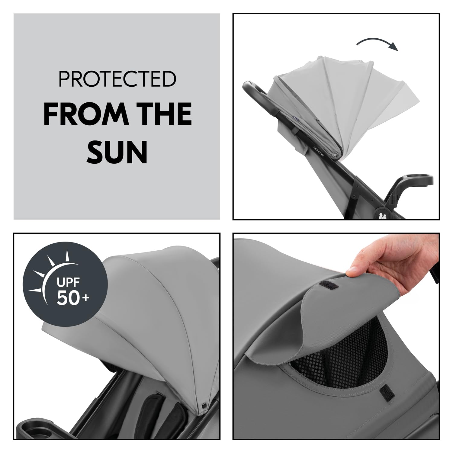hauck Shop N Care - Passeggino leggero (solo 8,5 kg) con vassoio per snack, portabicchieri e parapioggia, compatto e pieghevole con una mano, completamente reclinabile dalla nascita fino a 22 kg,