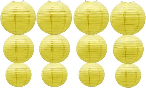Faroles de papel para decoración de fiesta, linternas de papel chinas redondas decorativas para colgar, faroles de papel amarillos, juego de 12