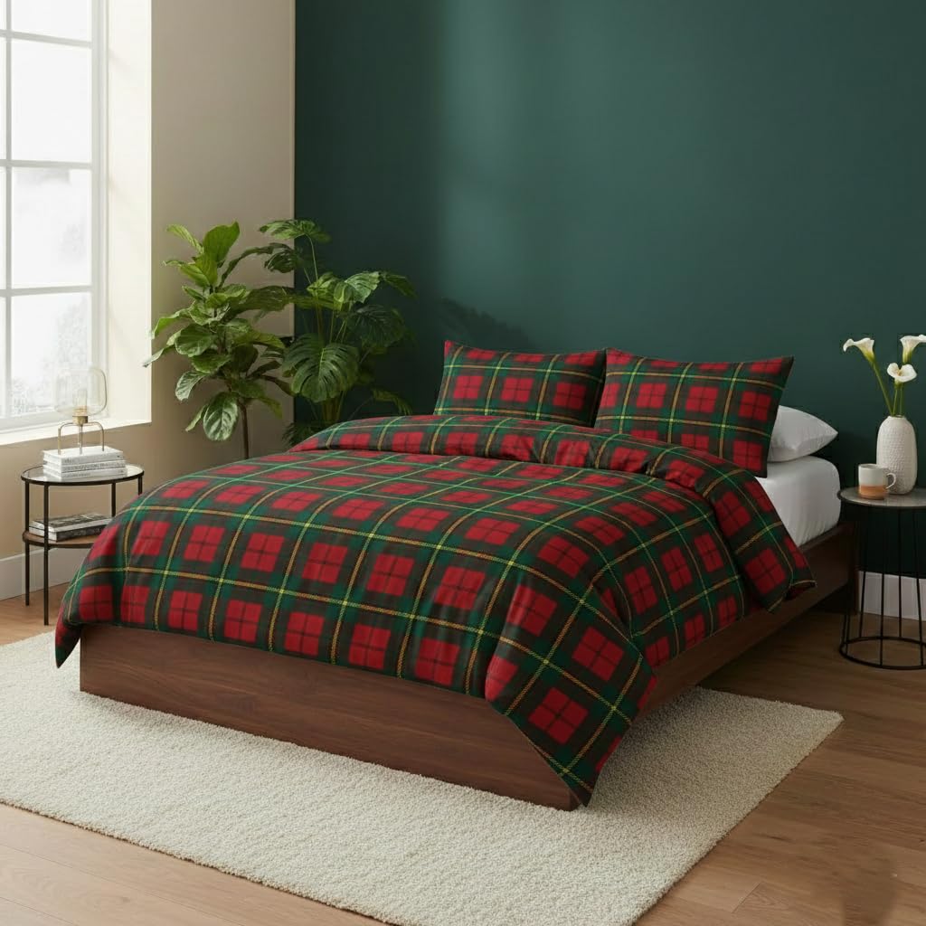 Pro Home Tartan Check Flannelette Duvet Cover Set – Warm & Cozy 100% Brushed Cotton Reversible Bedding Quilt Covers with Pillowcases (Red, Double)