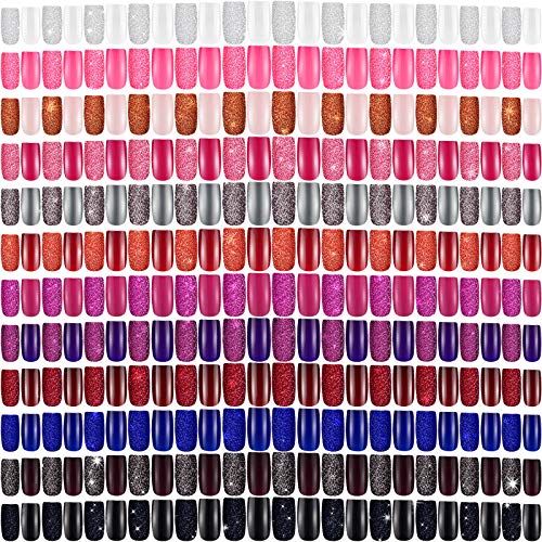 576 Pieces 24 Sets Medium Square Press on Nails Glitter False Nail Full Cover Artificial Fake Nail Colorful Acrylic Nail Tip Kit for Art Salon DIY (Classic Pattern)