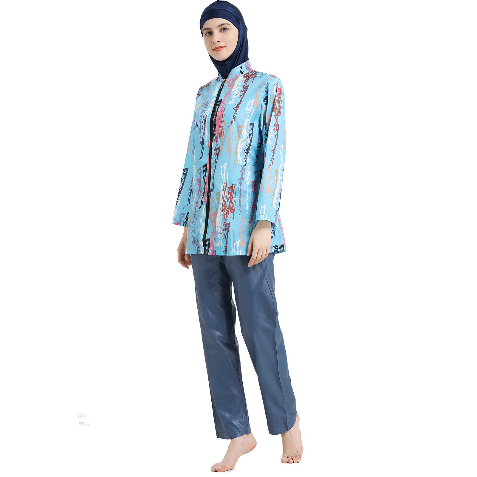 Modest Swimwear for Women Set Digital Printed 3 Piece Swimsuit Conservative Loose Zip Swimming Suit Beachwear Burkini (X2, 3XL)