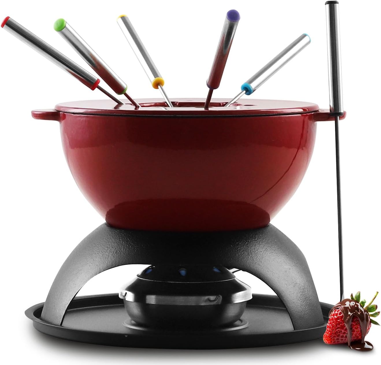 Artestia Cast Iron Cheese Fondue Pot Set, 5-Cup Cheese & Chocolate Fondue Pot with Adjustable Burner and 6 Color-Coded Forks, Fondue Set for 4-6 People, Red