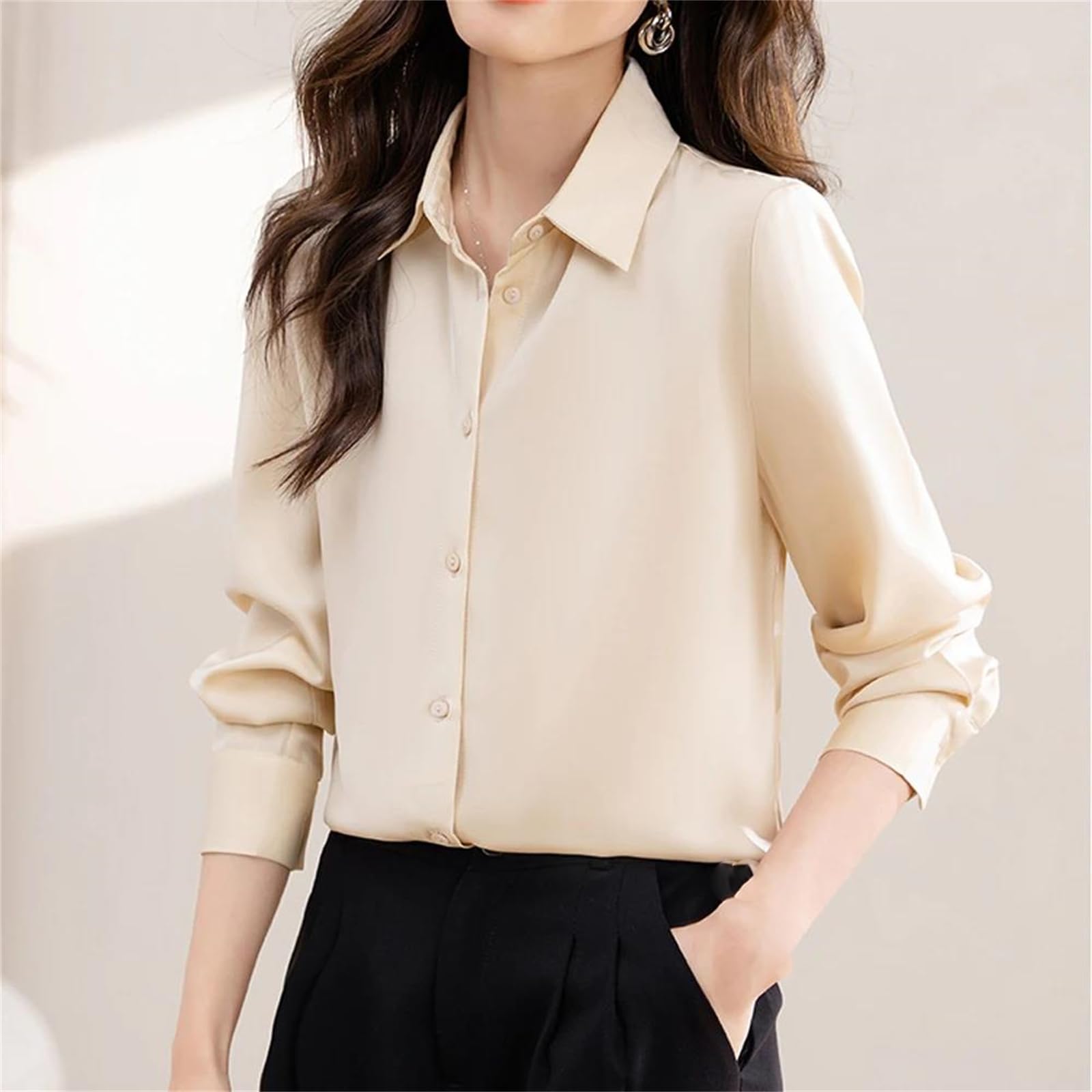 Lmtossey Camicie da donna in raso a maniche lunghe da ufficio da lavoro top basic