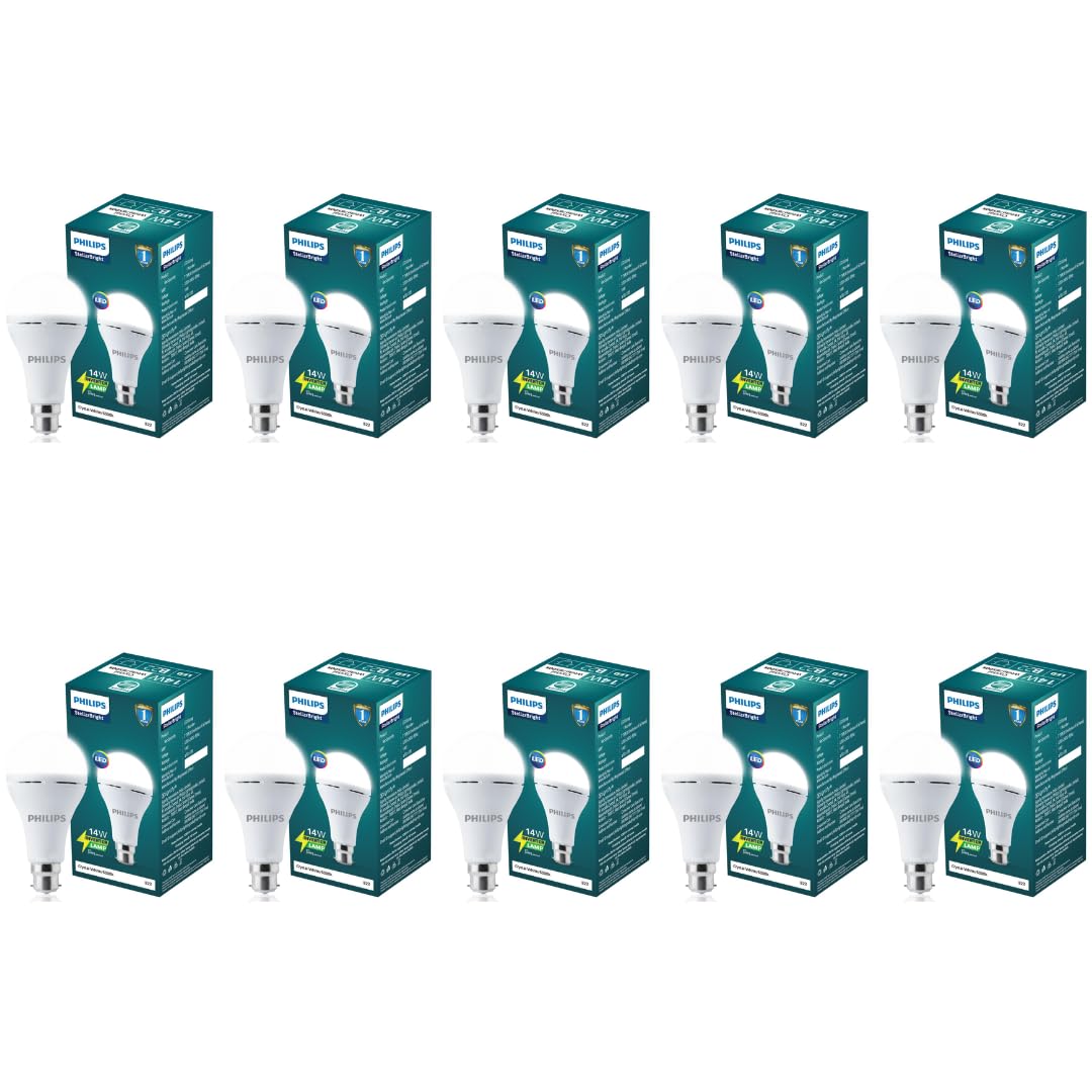 Philips 14W Emergency LED Bulb | Stellar Bright B22 Inverter LED Bulb for Power Cuts | Crystal White, Pack of 10