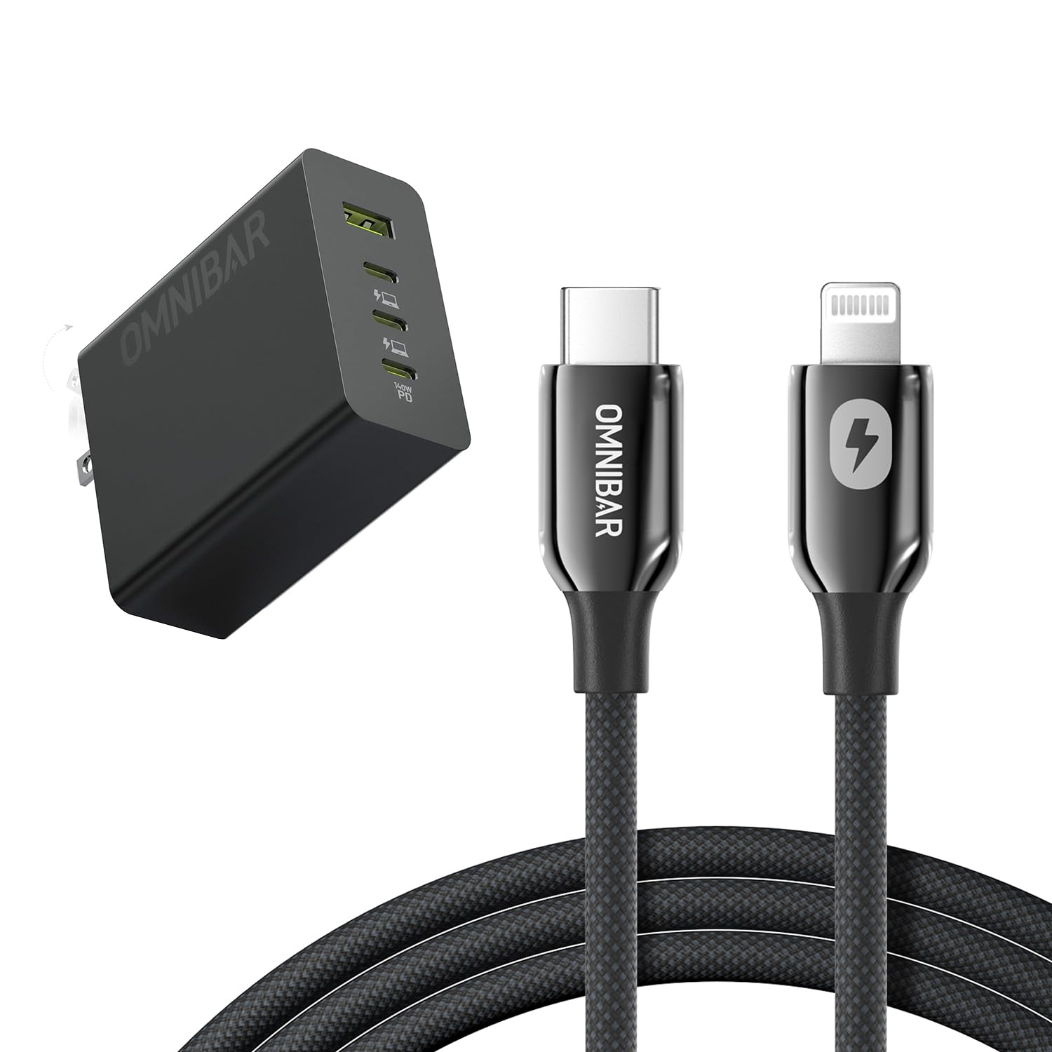 140W USB C Charger Block with USB C to Lightning Cable 6FT Braided 4-Port GaN Portable Laptop Charger