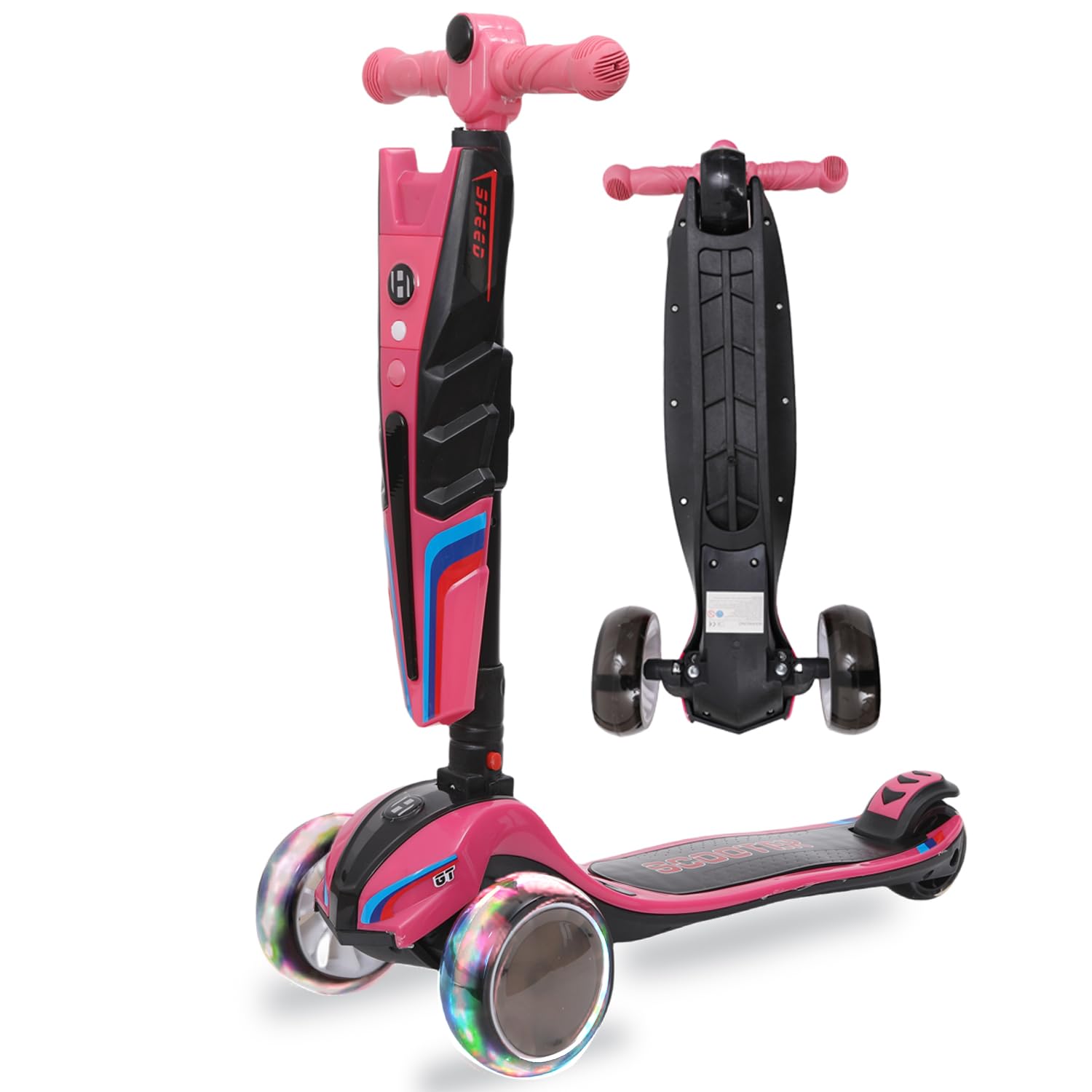 Habib - Patinete infantil con luces LED, 3 ruedas, plegable, altura regulable, para niños y niñas, 3-12 años, hasta 50 kg