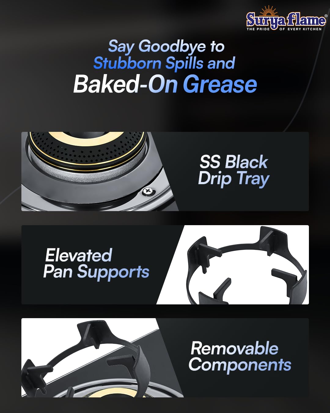 Surya Flame Neo Turbo 3 Burner Gas Stove - 5 Year Warranty -9 Surya Flame Neo Turbo 3 Burner Gas Stove - 5 Year Warranty -9
