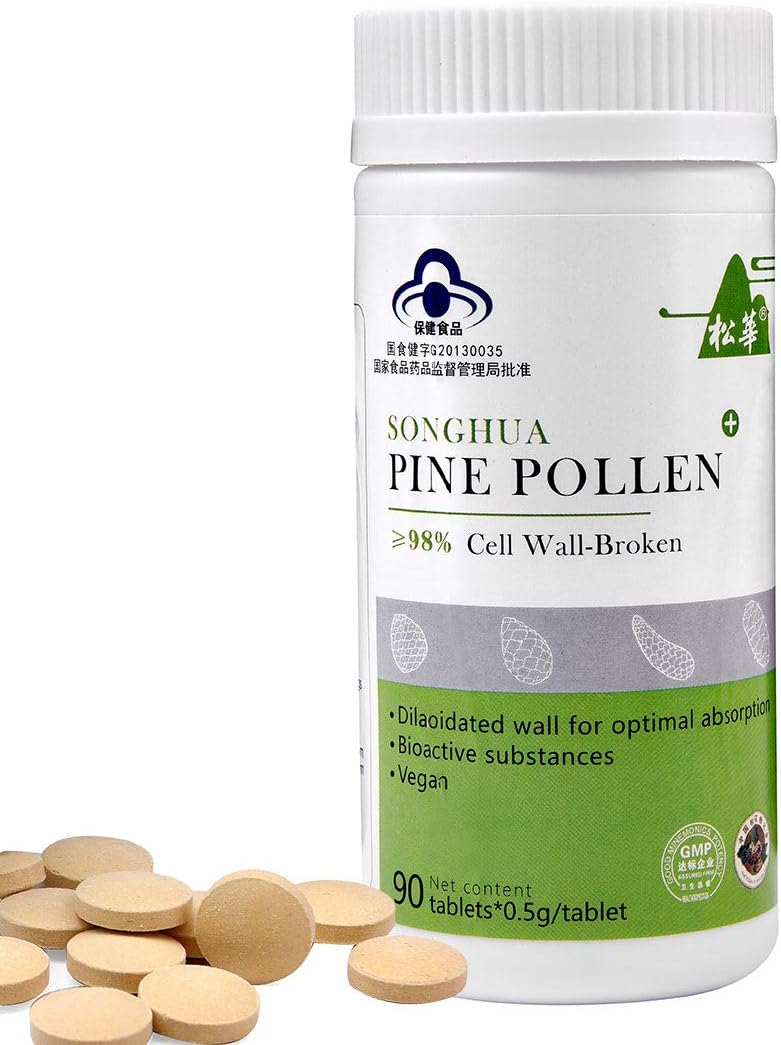 Pine Pollen Powder Tablets 90 Capsules 500mg, 98% Broken Cell Wall for Optimal Absorption