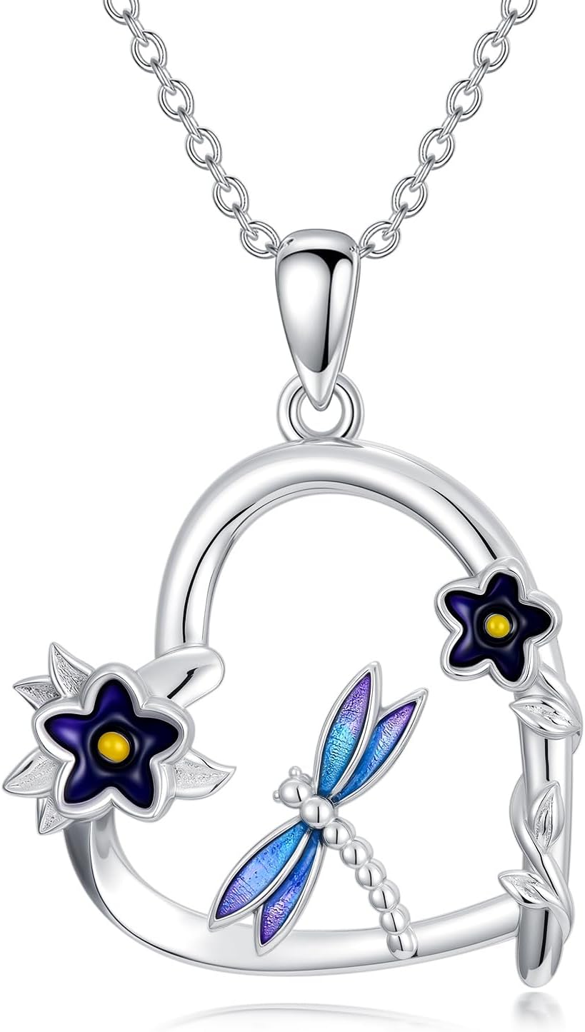 Dragonfly/Butterfly/Elephant/Hummingbird/Axolotl/Horse/Panda/Bee necklace for Women 925 Sterling Silver Heart Pendant Necklace Animal Jewelry Gifts for Women