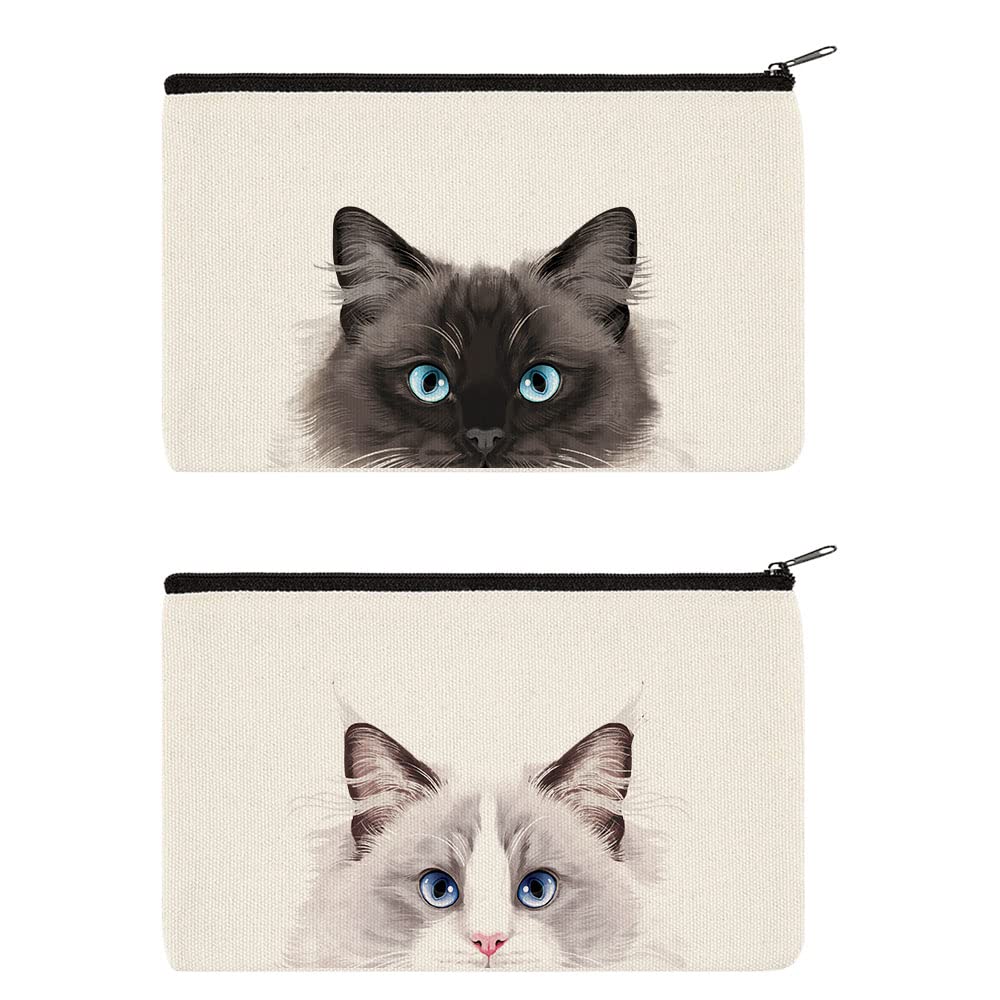 WIRESTER Set Of 2 Canvas Zipper Makeup Bag, Cosmetic Pouch, Organizer Case for Women Girl, Multi-Purpose Travel Cosmetic Bag - Lilac Ragdoll Cat &