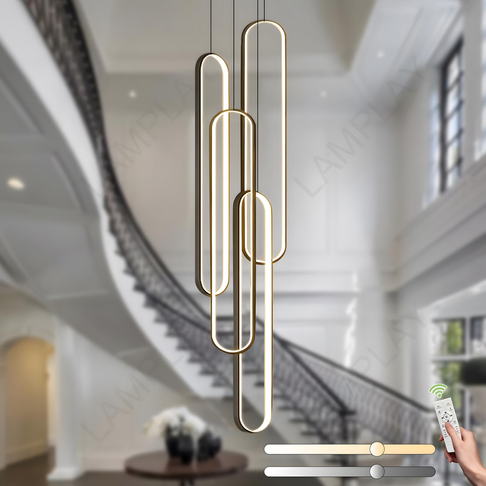 Lamplay 4 Light - L 80Cm High Ceiling Modern Chandelier, Black Height Adjustable Chandelier 4 Ring Led Foyer Chandelier Entrance Hallway Large Living Room Long Chandelier With Remote Control Dimmable 3000K-6000K