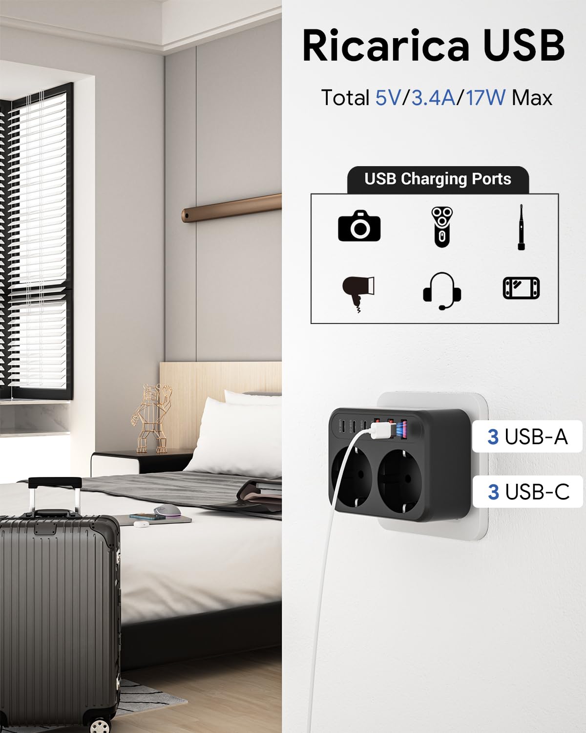WENTONG Presa Multipla USB con 2 Schuko, Multipresa da Parete con 6 USB 5V/3.4A, 3500W Presa Piatta Salvaspazio 15A, per Ufficio, Famiglia, Cucina e Viaggio