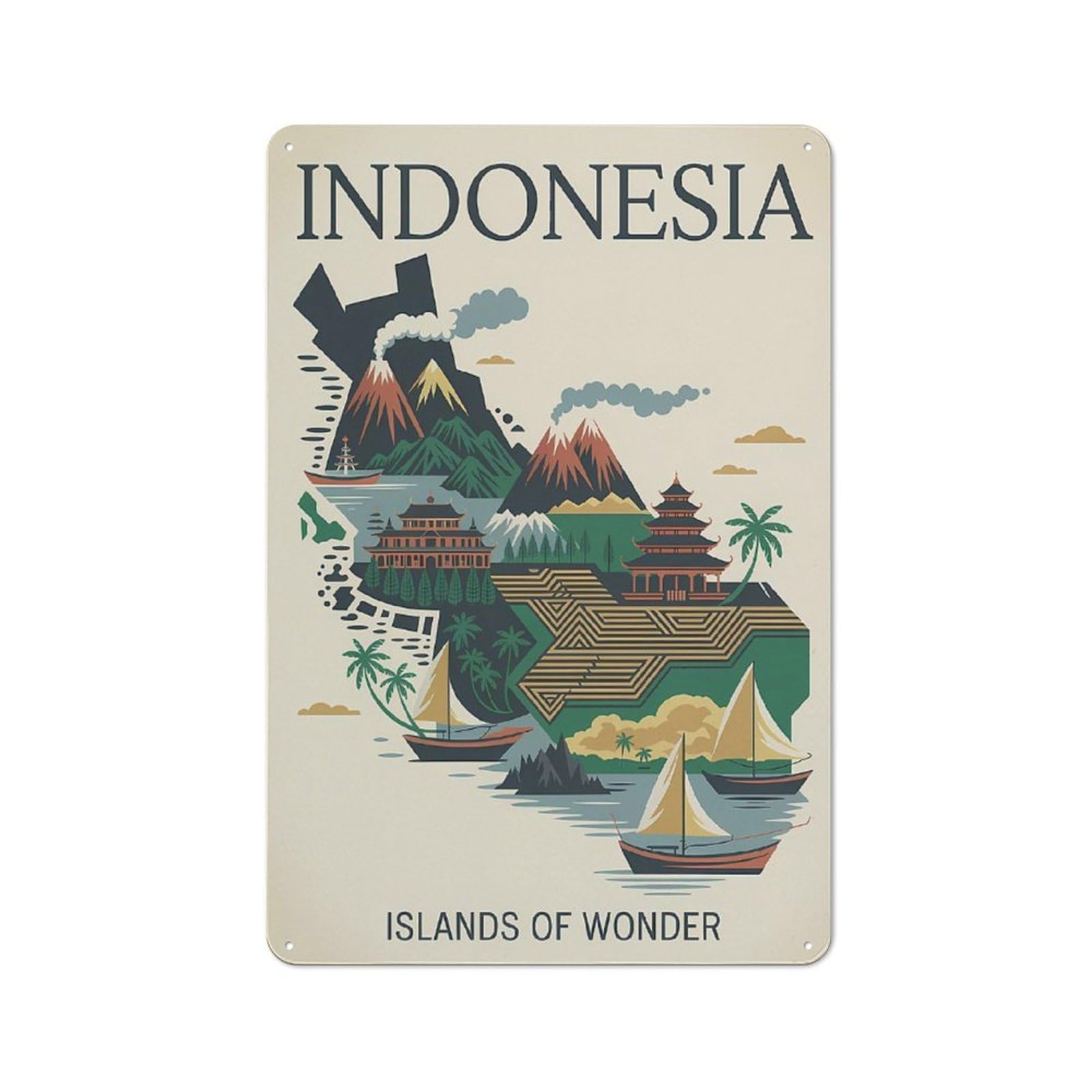 Junmoney Style-2 Indonesia Islands Of Wonder Travel (2) Warehouse Style Metal Wall Decor 30X20cm, Metal Wall Sign For Workspace, Cafe, Hallway Or Garage