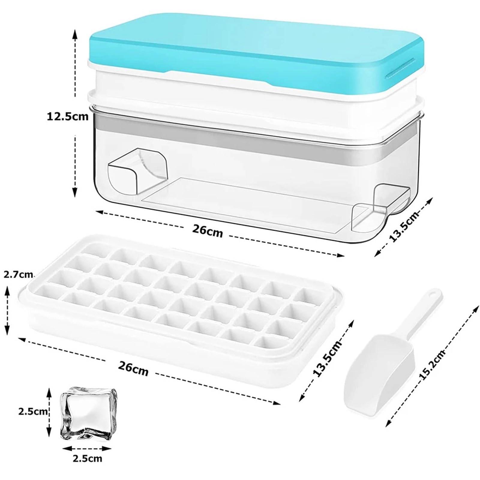 Cubiteras Para Hielo Bandeja de cubitos de hielo con 2 bandejas apilables, moldes de silicona con compartimento for congelador, 64 nuggets(Blue)