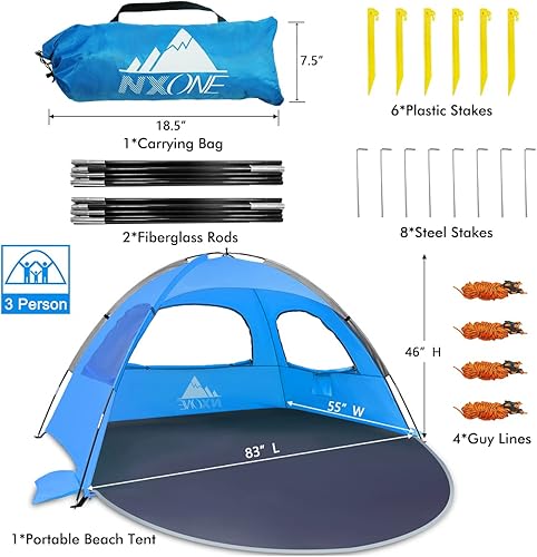 Miniatura 6 de NXONE Tienda de campaña de playa con protección UV UPF 50+, ligera y fácil de instalar, toldo de playa portátil para la familia, resistente al