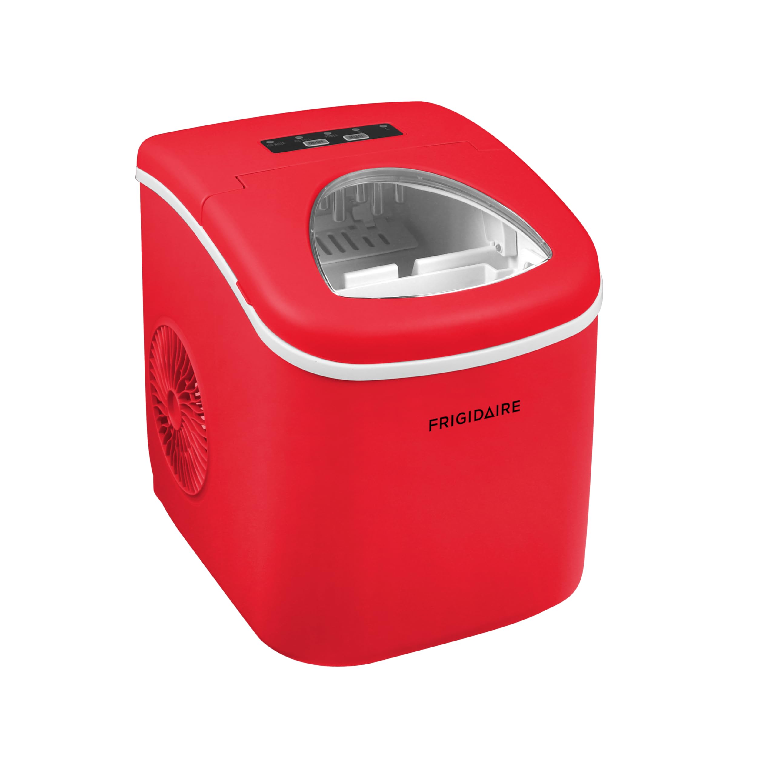 Frigidaire Ice Maker EFIC102-RED, Countertop Ice Maker with Transparent Window, Bullet Ice Maker with 26 lbs. Capacity, Small Ice Maker Machine – 14.1" D x 8.7" W x 12.9" H (Red)