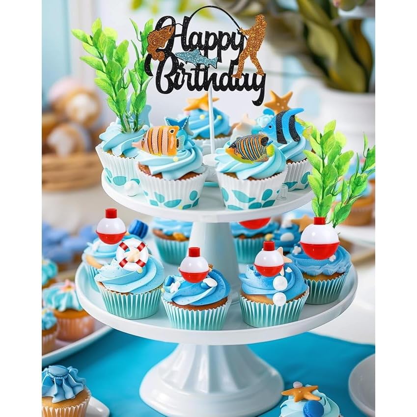 Nenluny 13-Piece Gone Fishing Cake Topper Set - Fisherman Theme Birthday Party Decorations