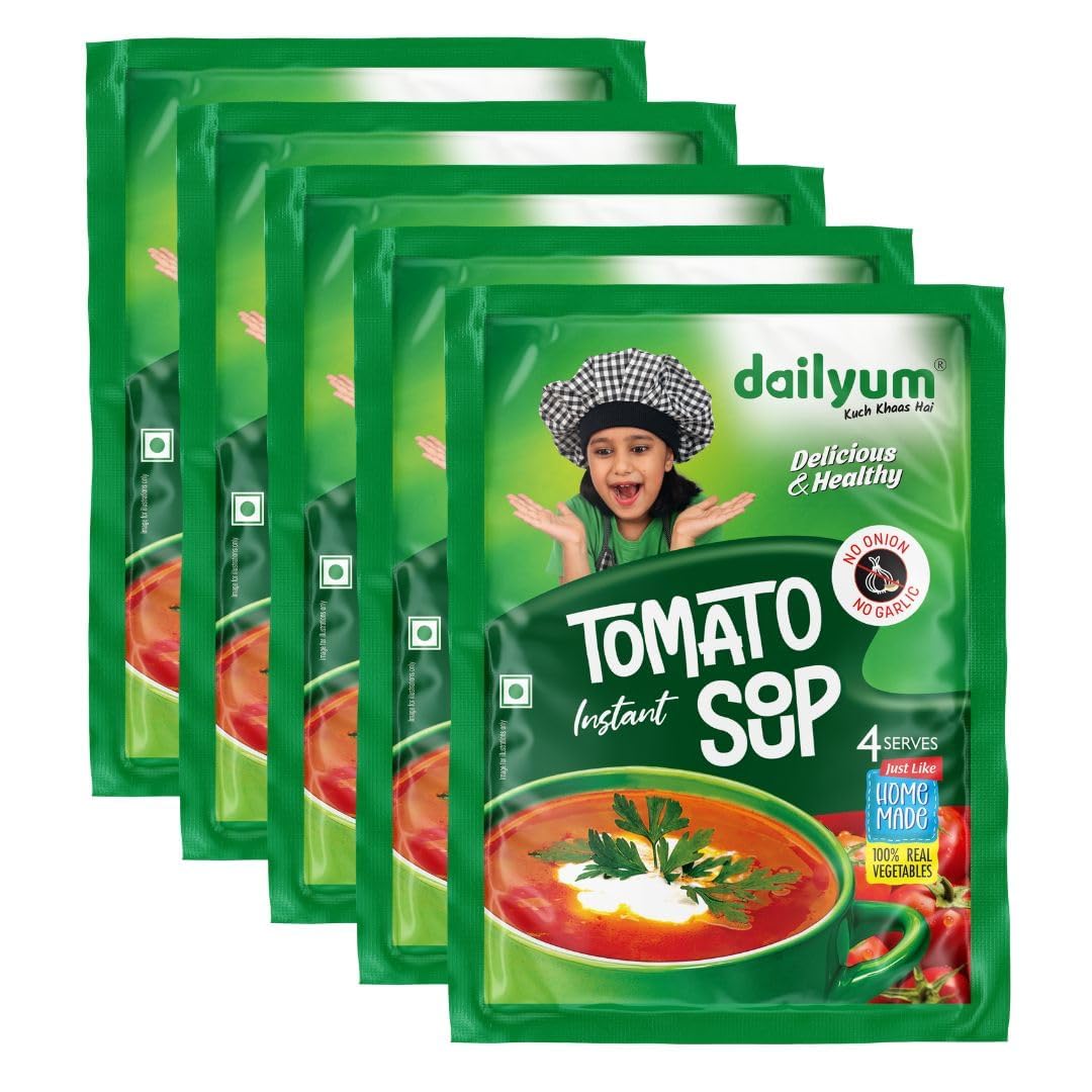 Dailyum Instant Tomato Soup 50g | No Onion No Garlic | Ready To Eat Instant Soup |100% Natural | No MSG | Gluten-free | Serves 4 | Jain | Pack of 5 (B09P8PRZM7) Amazon Price History, Amazon Price Tracker