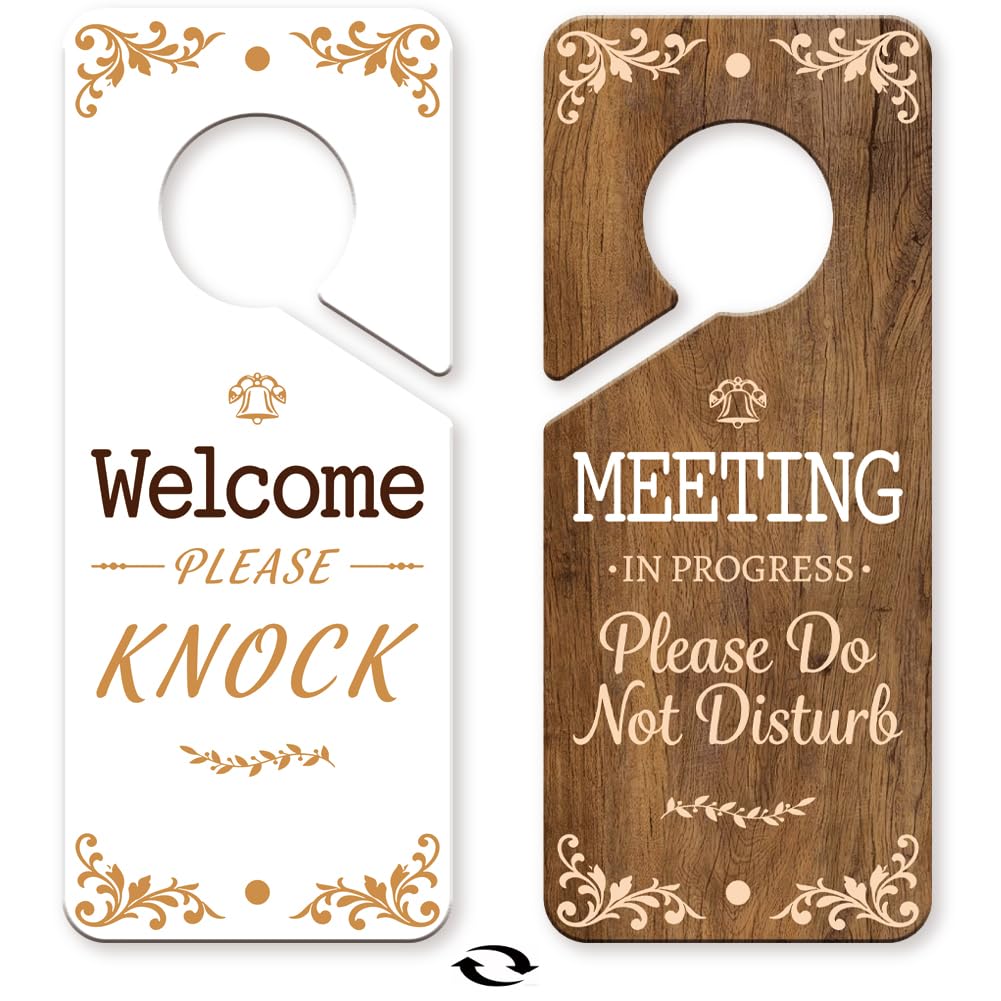 PRESSINART 2Pcs Meeting in Progress Door Sign 9 x 4 Inch Office Door Hanger Signs Vintage Plants Design PVC Double Sided Notice Plaques for Office Therapist Business Online Meeting Commercial Home Use — image 1