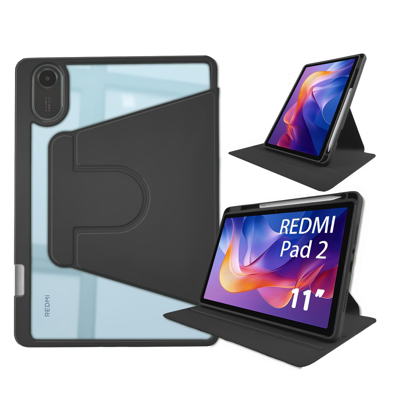 idudao hülle Cover für Xiaomi Redmi Pad 2 11 Zoll 2025,360 Mehrwinkeldrehung transparente Rückseite mit Stifthalter Auto Wachen/Schlafen, schwarz