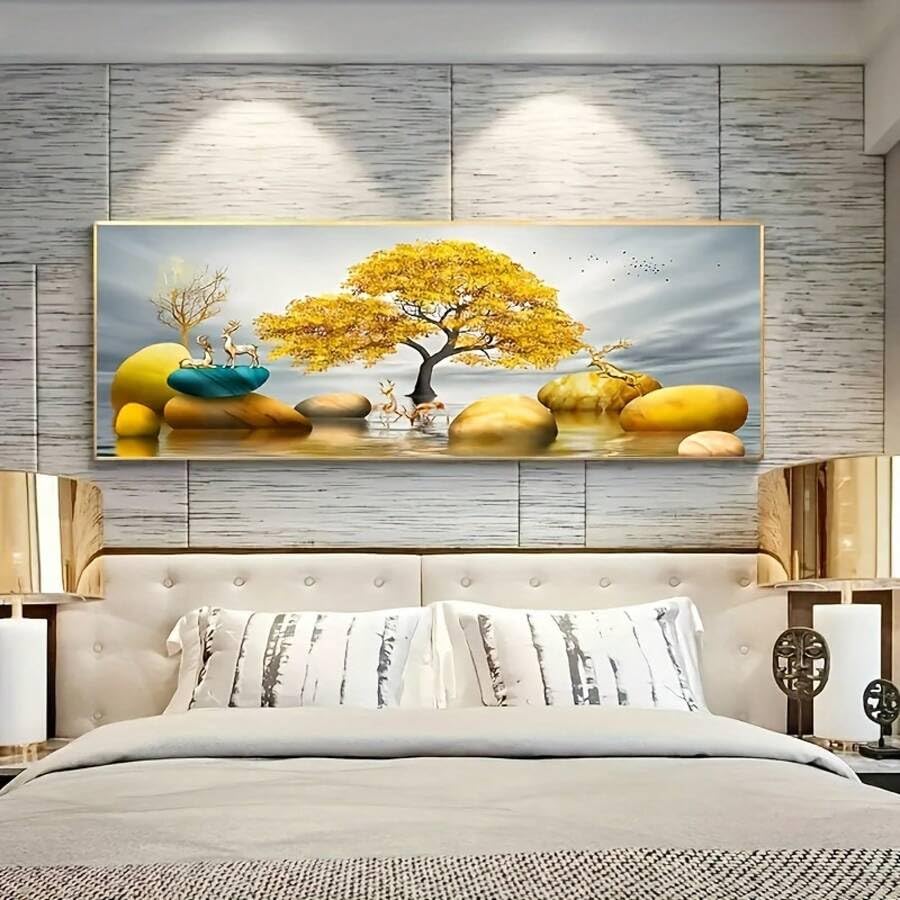 Tableau abstrait arbre doré grand format pour habiller un grand mur de salon vide