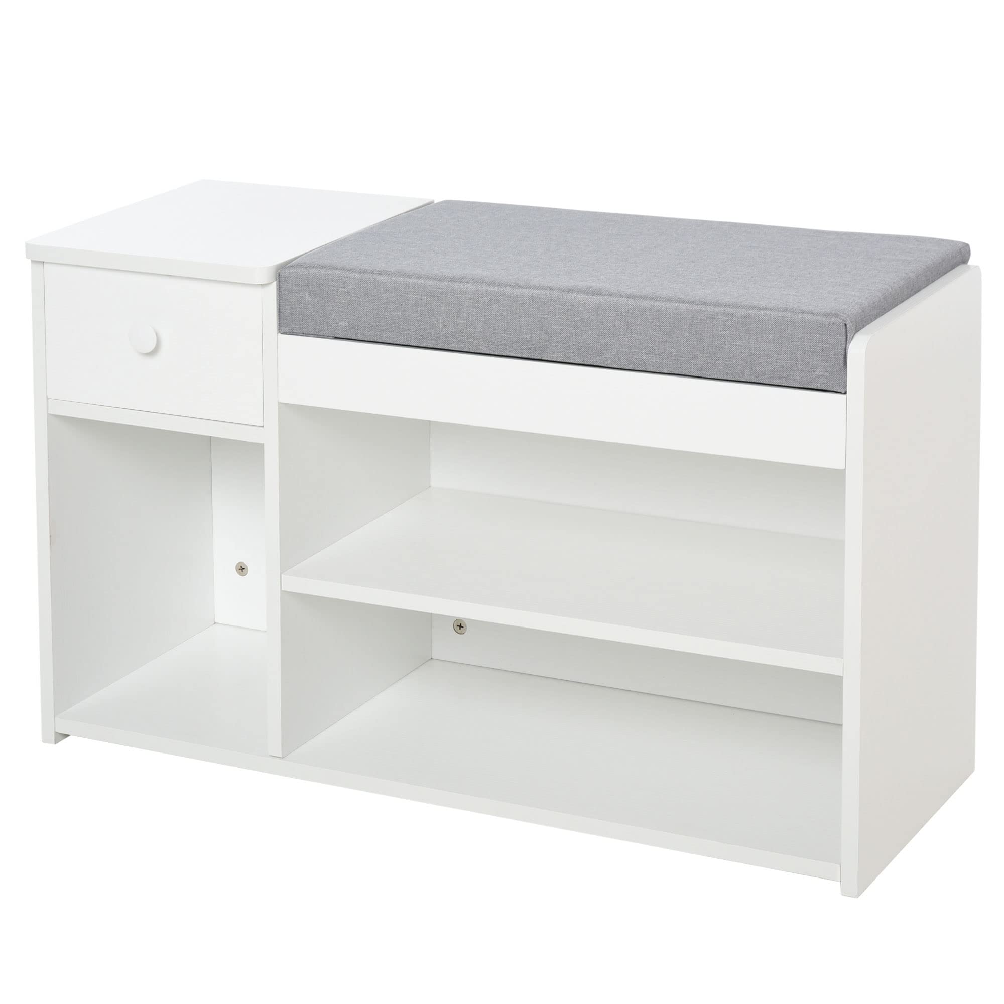 HOMCOM Panca Scarpiera con Cuscino, Cassetto e 3 Vani Aperti, Mobile per Ingresso in Legno 81x31.5x49cm, Bianco