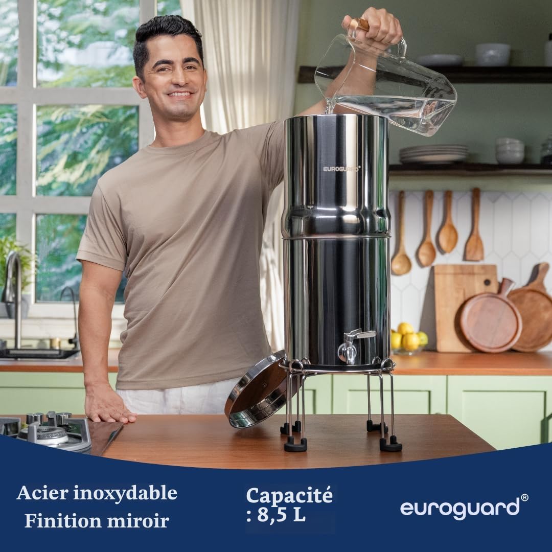 Filtre à Eau par Gravité 8,5L – Purificateur d’Eau en Acier Inoxydable 304, 2x Filtres à Charbon Actif, Certifié NSF/ANSI 42 & 372, Robinet en Acier Inoxydable, Sans Électricité