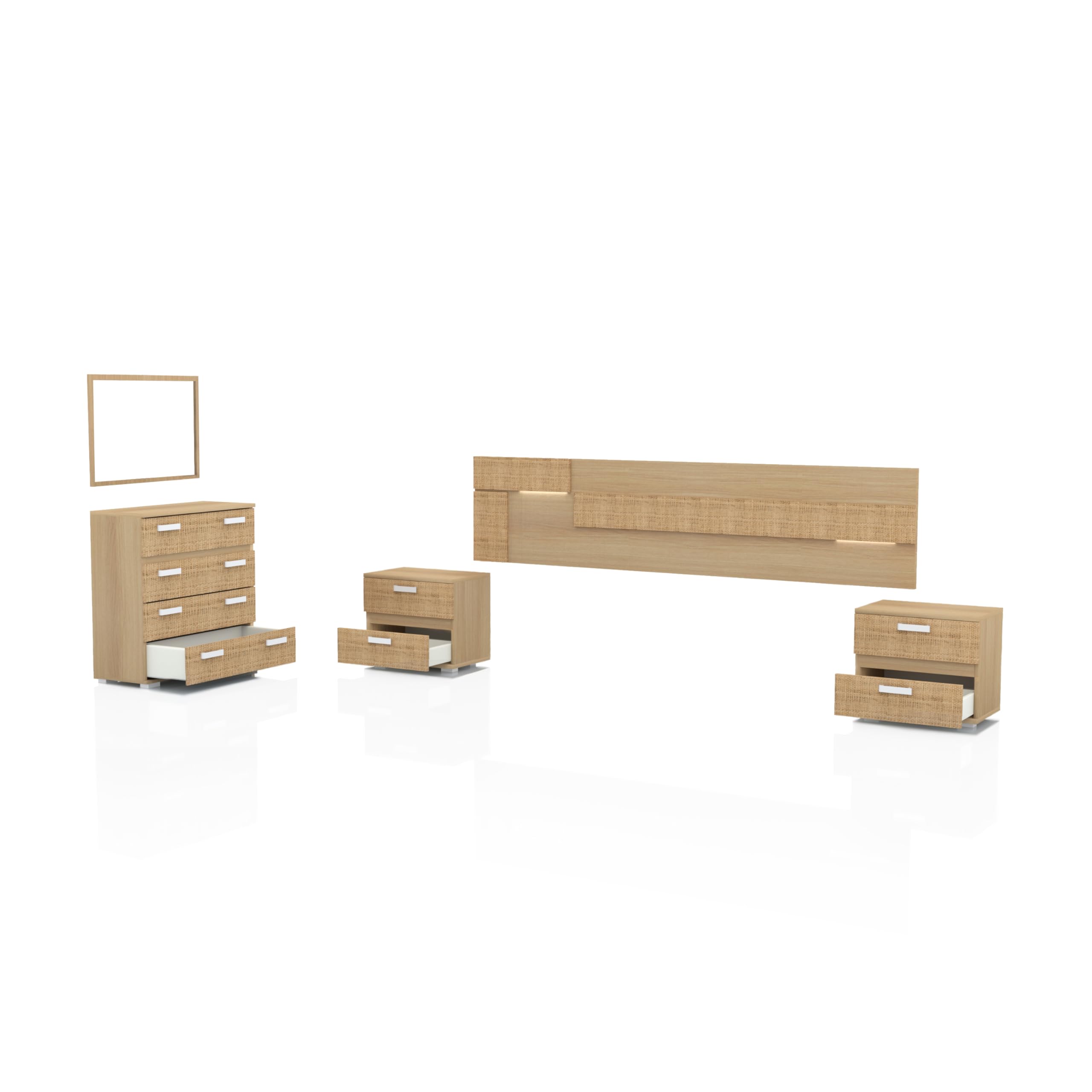 duehome | Pack Ataneq Tex 4c con Cabecero + 2 Mesitas + Comoda + Espejo, Tofe y Textil