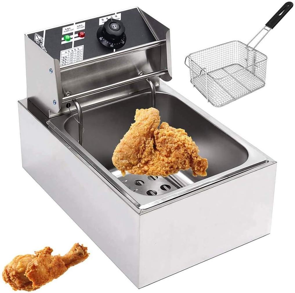 YHLZElectric Fryer Commercial Single Cylinder Single Screen Household Fryer Double Cylinder French Fries Fritters Frying Machine Stainless Steel Electric Deep Fryer 6L 2.5kw