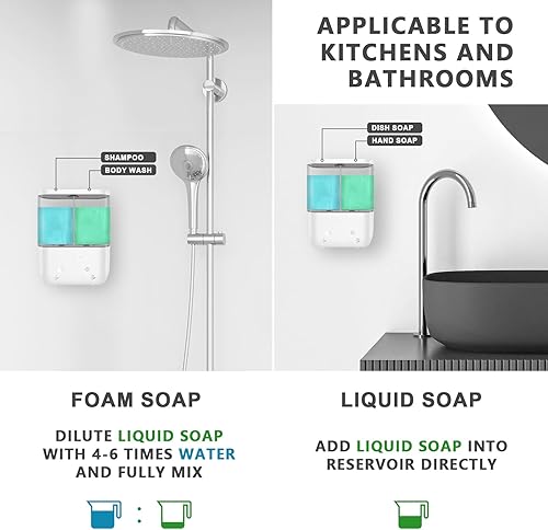 Miniatura 7 de Dispensador automático doble de jabón y ducha de montaje en pared, dispensador de 2 cámaras IPX5 para baño sin taladro (blanco - líquido y espuma)