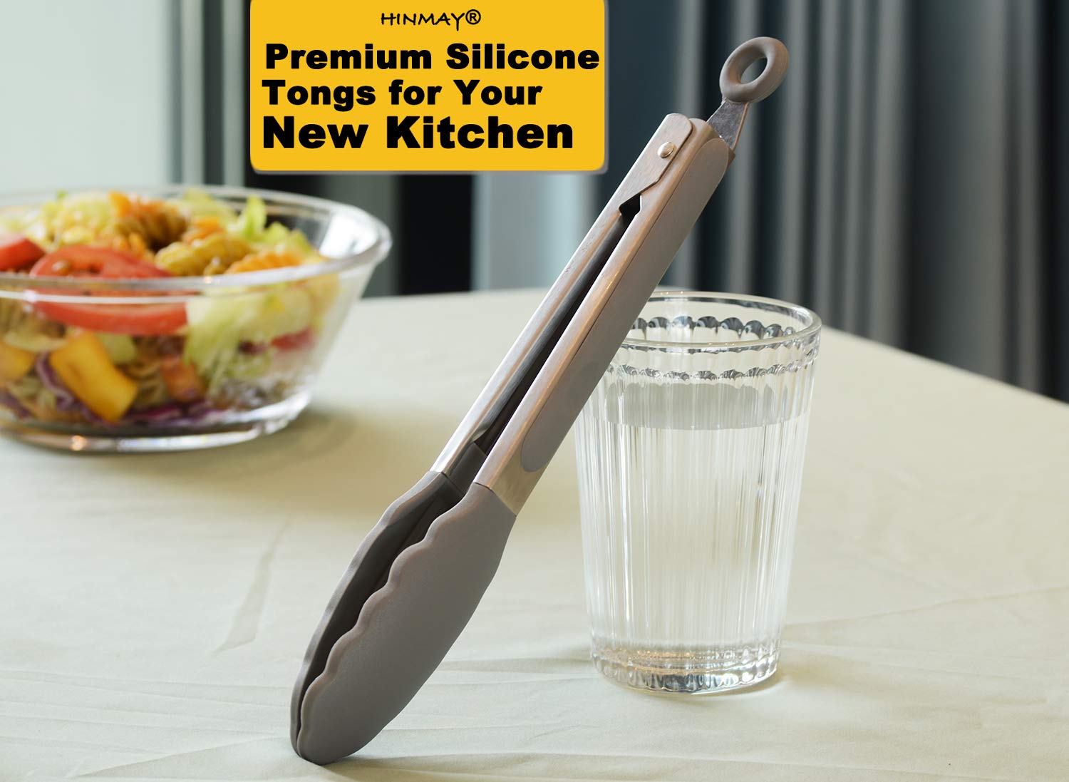 HINMAY Pinzas de cocina con puntas de silicona de 9 pulgadas de acero inoxidable, juego de 3 (gris)