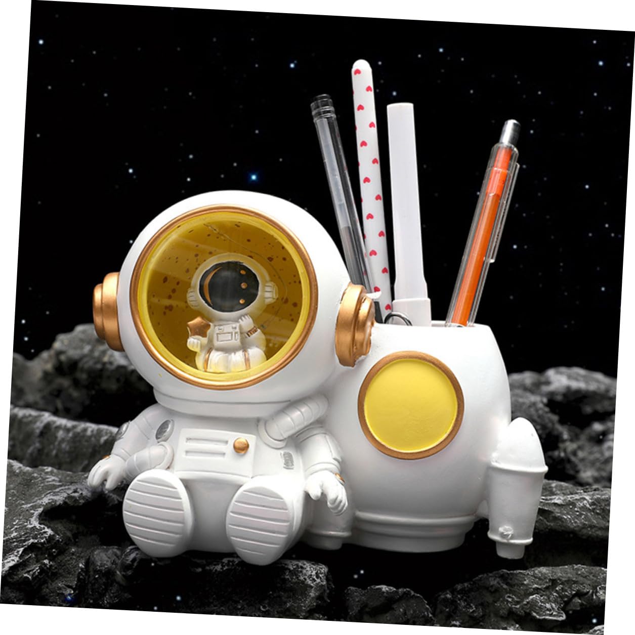 VILLCASE Portapenne Astronauta in Resina con Luce LED e Grande Capacità per Scrivania, Accessorio Desktop per Ragazzi e Ragazze