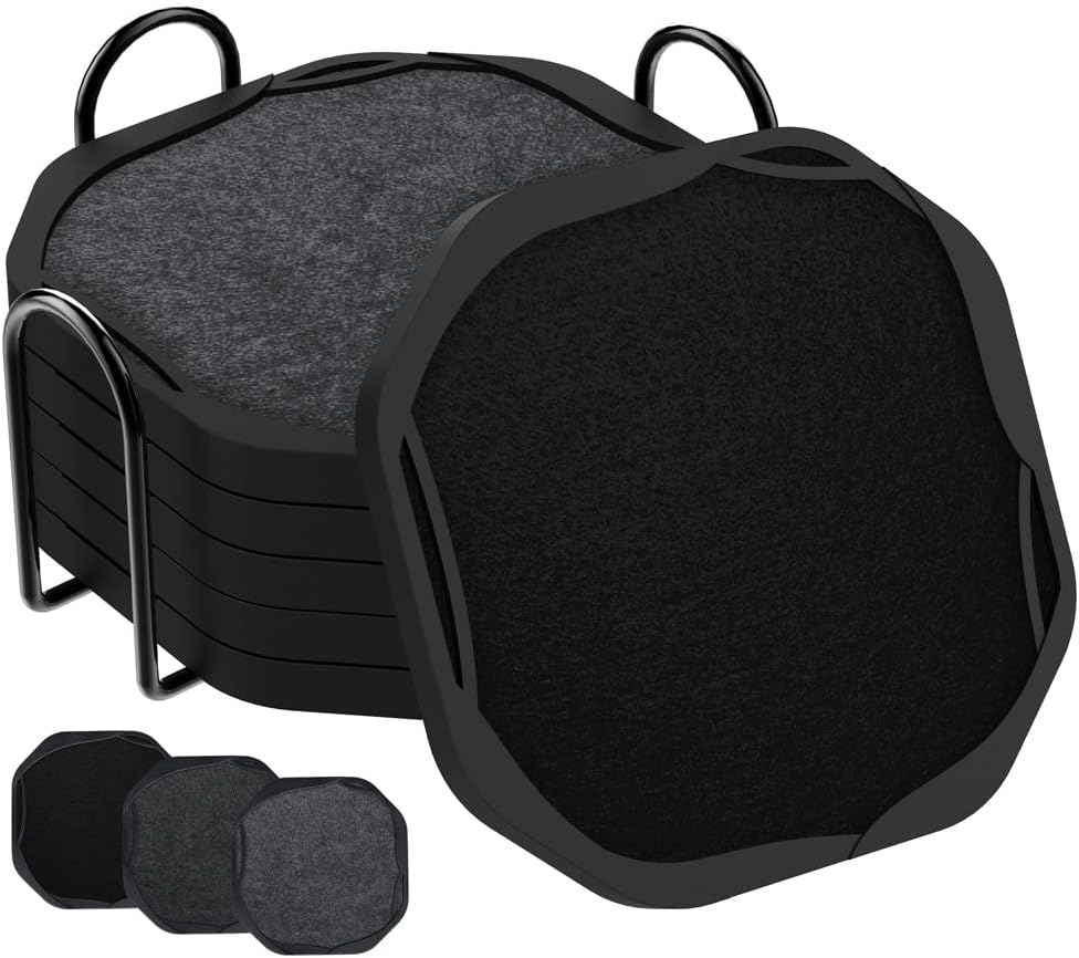 UMIRRO Modern Table Coasters for Drinks with Holder, Mid Century Octagonal Silicone Coasters with Detachable Multi-Color Felt Pads in 3 Black-Grey Shades, Absorbent Cup Mats for Men, 6 Pack