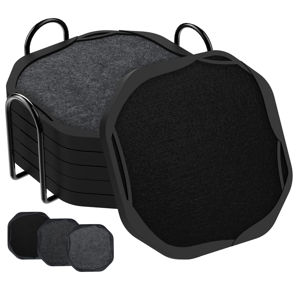 UMIRRO Modern Table Coasters for Drinks with Holder, Mid Century Octagonal Silicone Coasters with Detachable Multi-Color Felt Pads in 3 Black-Grey Shades, Absorbent Cup Mats for Men, 6 Pack